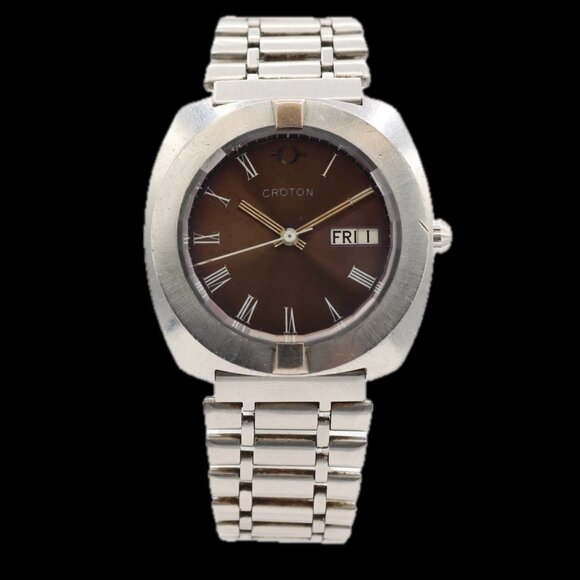Vintage 36mm Croton Autonomic Men's Automatic Wristwatch Swiss Stainless Steel - Picture 1 of 4